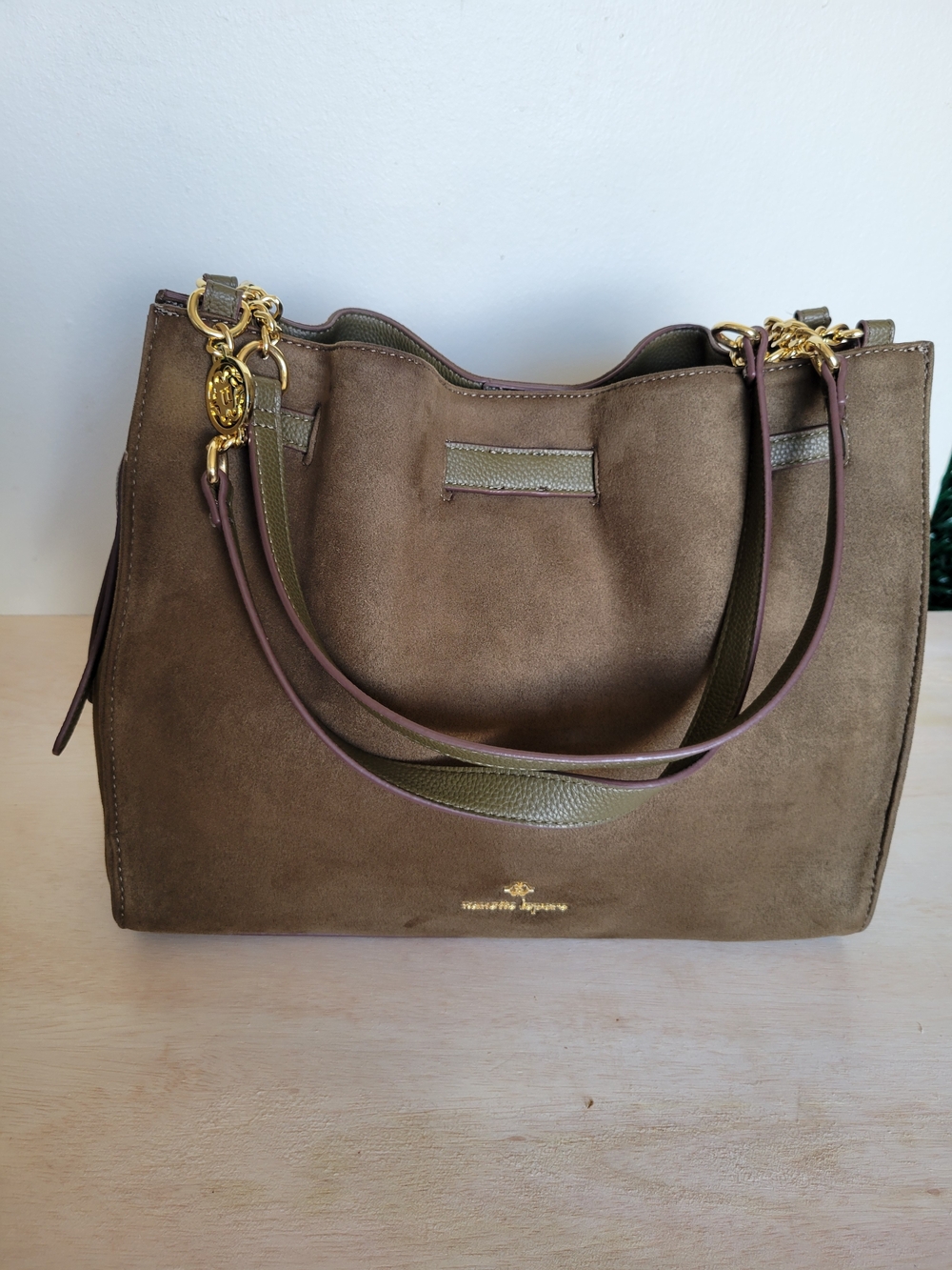 Nanette Lepore Olive Suede Shoulder Bag with Gold Hardware